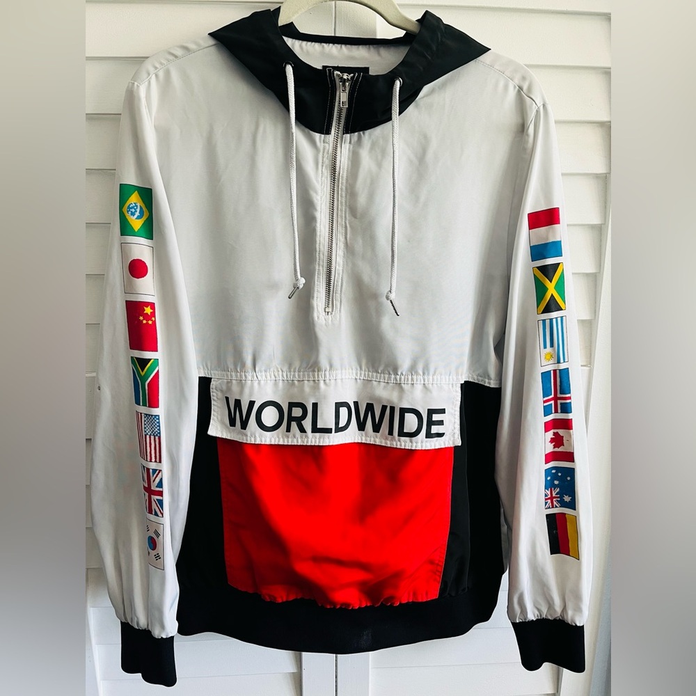 Forever 21 WORLDWIDE Hooded Half Zip Pullover Windbreaker Jacket Mens Size Med